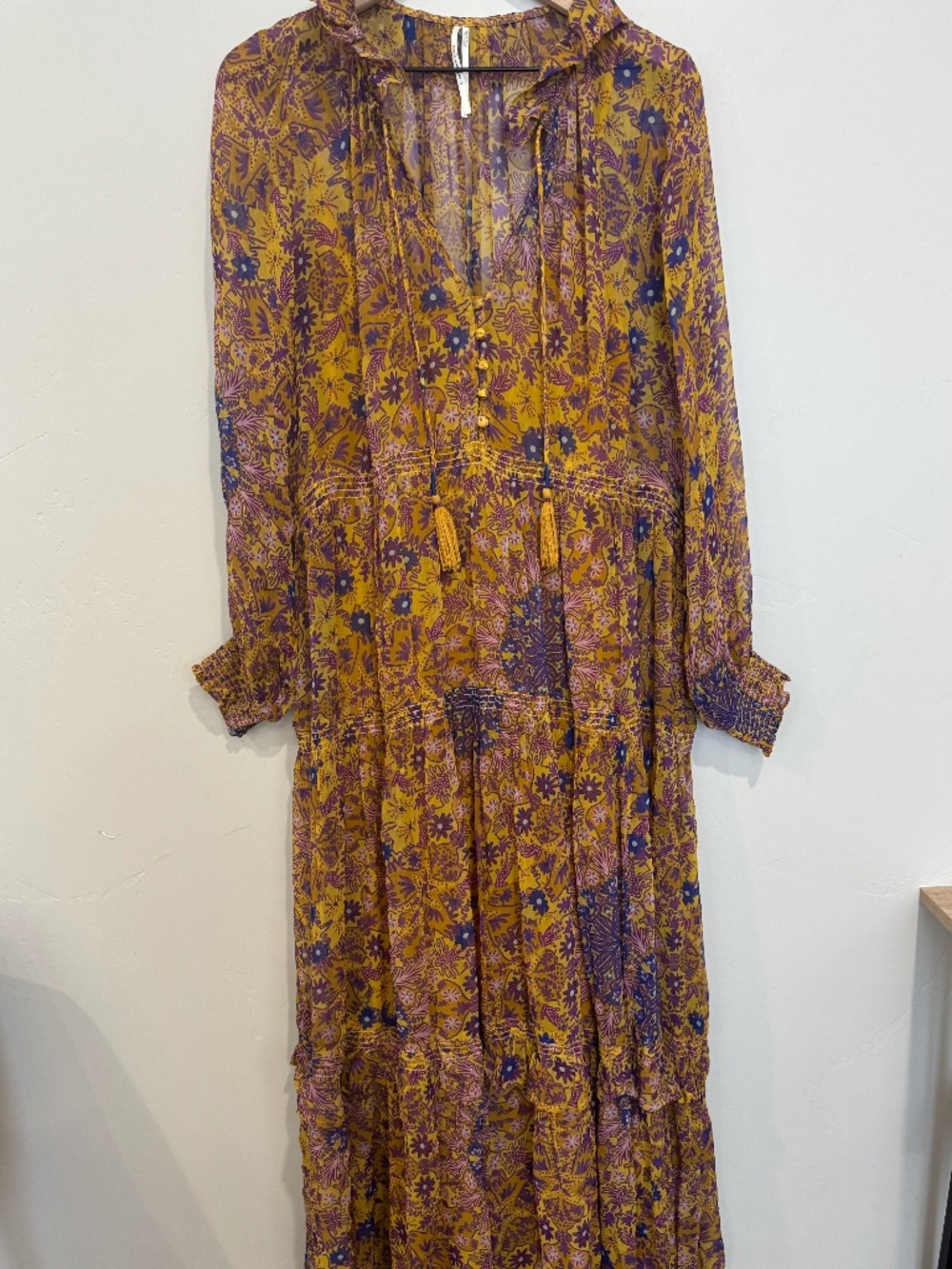 Anthropologie Marias Floral Printed Chiffon Maxi Dress Size L Yellow Purple - Picture 5 of 11